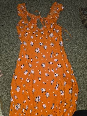 Bright Orange Floral Midi Dress with Tie Back